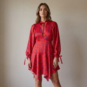 Self-portrait Red Satin Print V-neck Long Sleeve Mini Dress, size 0